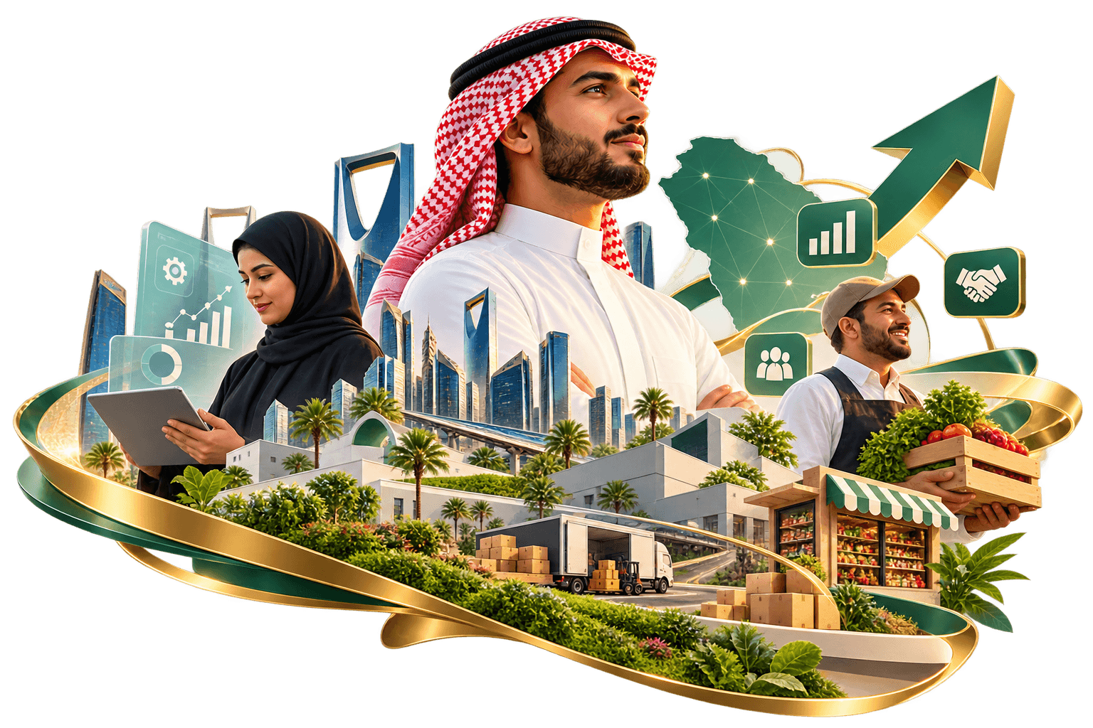 رواد أعمال سعوديون أمام مشهد لمدينة حديثة ومزارع وأسواق تعبر عن نمو التعاونيات