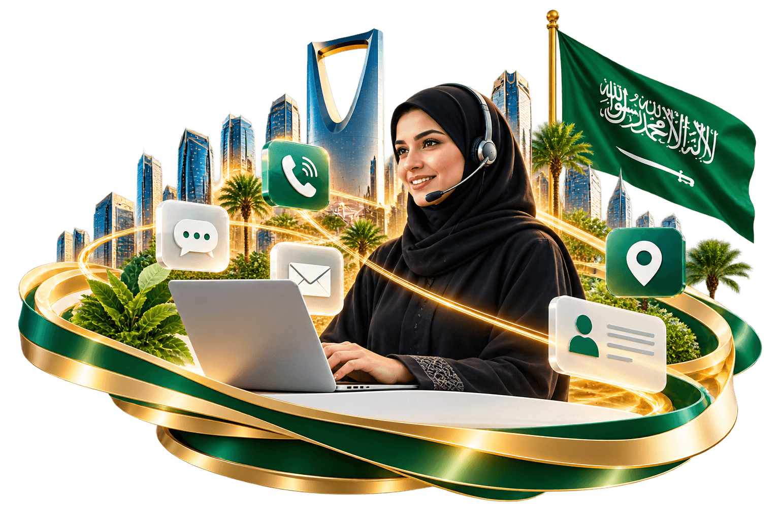 موظفة خدمة عملاء سعودية تعمل على حاسوب محمول وسط أيقونات تواصل ومعالم الرياض والعلم السعودي