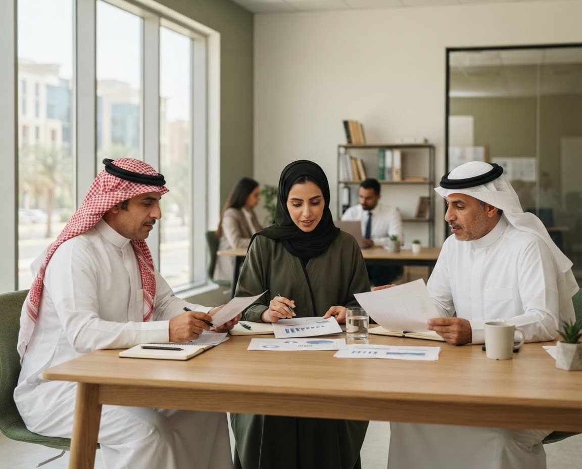 رجلان وامرأة سعوديون يراجعون تقارير أعمال حول طاولة اجتماعات في مكتب
