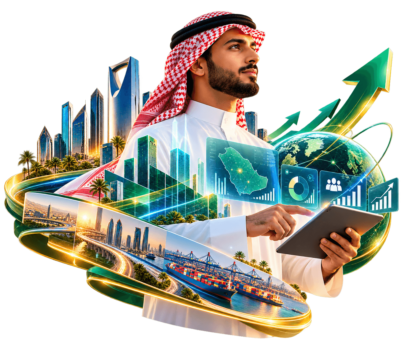 رجل أعمال سعودي يحمل جهازًا لوحيًا وسط مشهد لنمو المدن والاقتصاد ضمن رؤية 2030